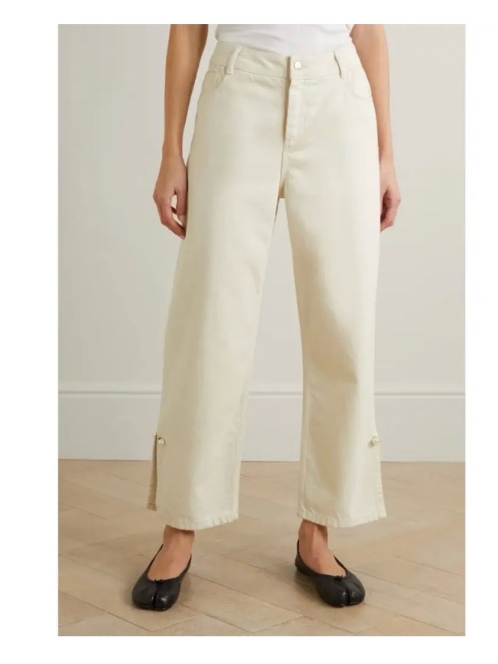 MOTHER Of Pearl White High-Rise Jeans with Pearl Embellishments